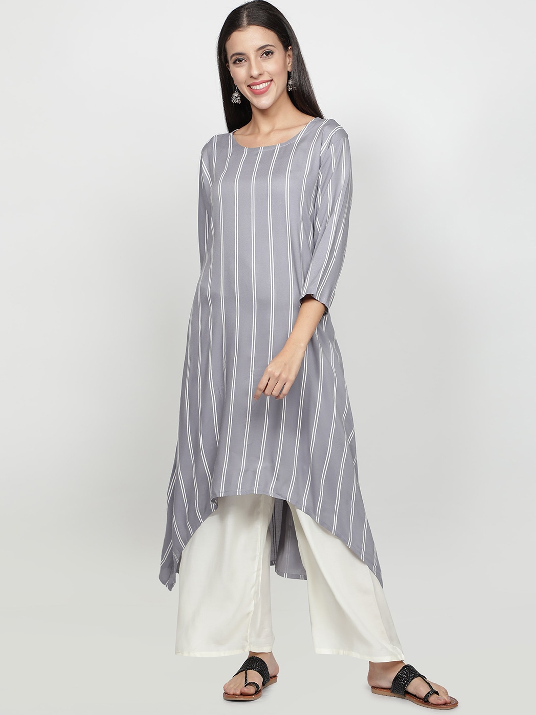 

Fabclub Women Grey Striped Keyhole Neck Thread Work Asymmetric Kurta