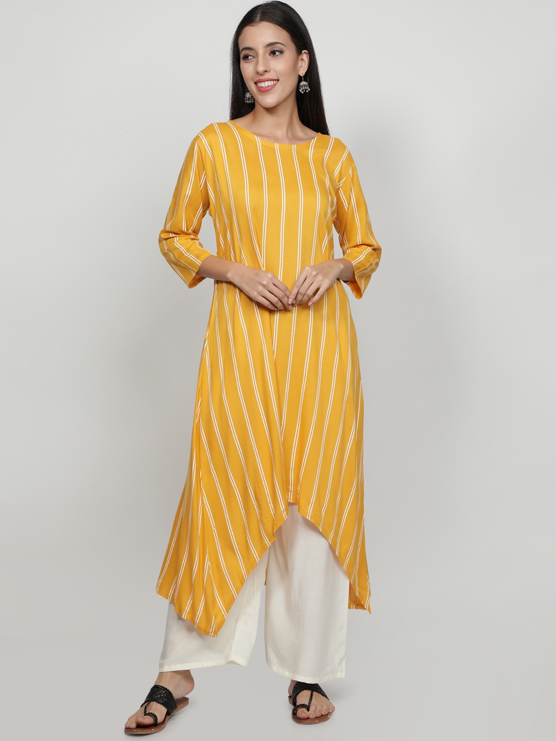 

Fabclub Women Mustard Yellow Striped Kurta