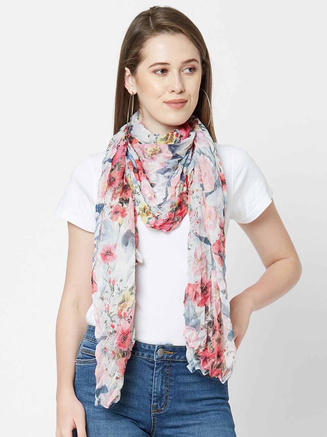 

Cloth Haus India Women Cream-Coloured & Blue Printed Pleated Scarf