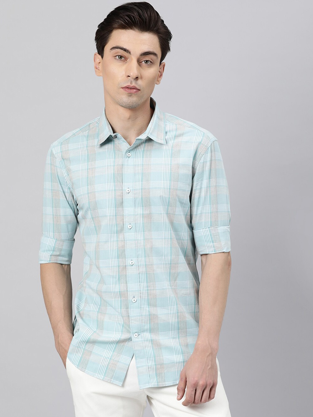 

RARE RABBIT Men Turquoise Blue Custom Slim Fit Checked Cotton Casual Shirt