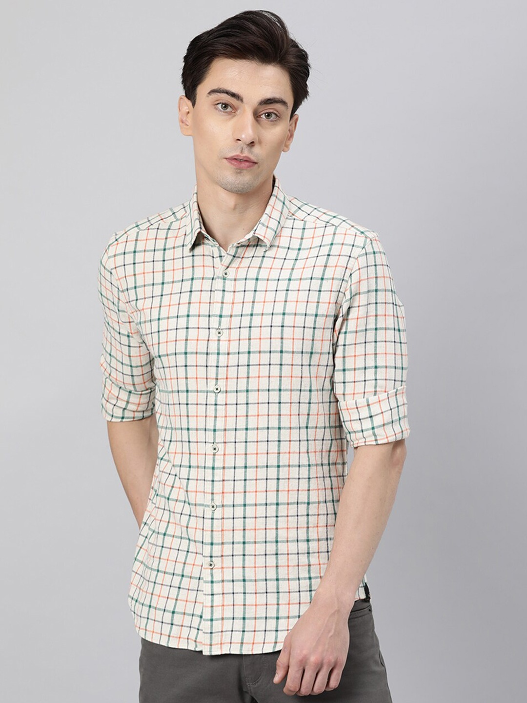 

RARE RABBIT Men Beige Cotton Tartan Checks Slim Fit Casual Shirt