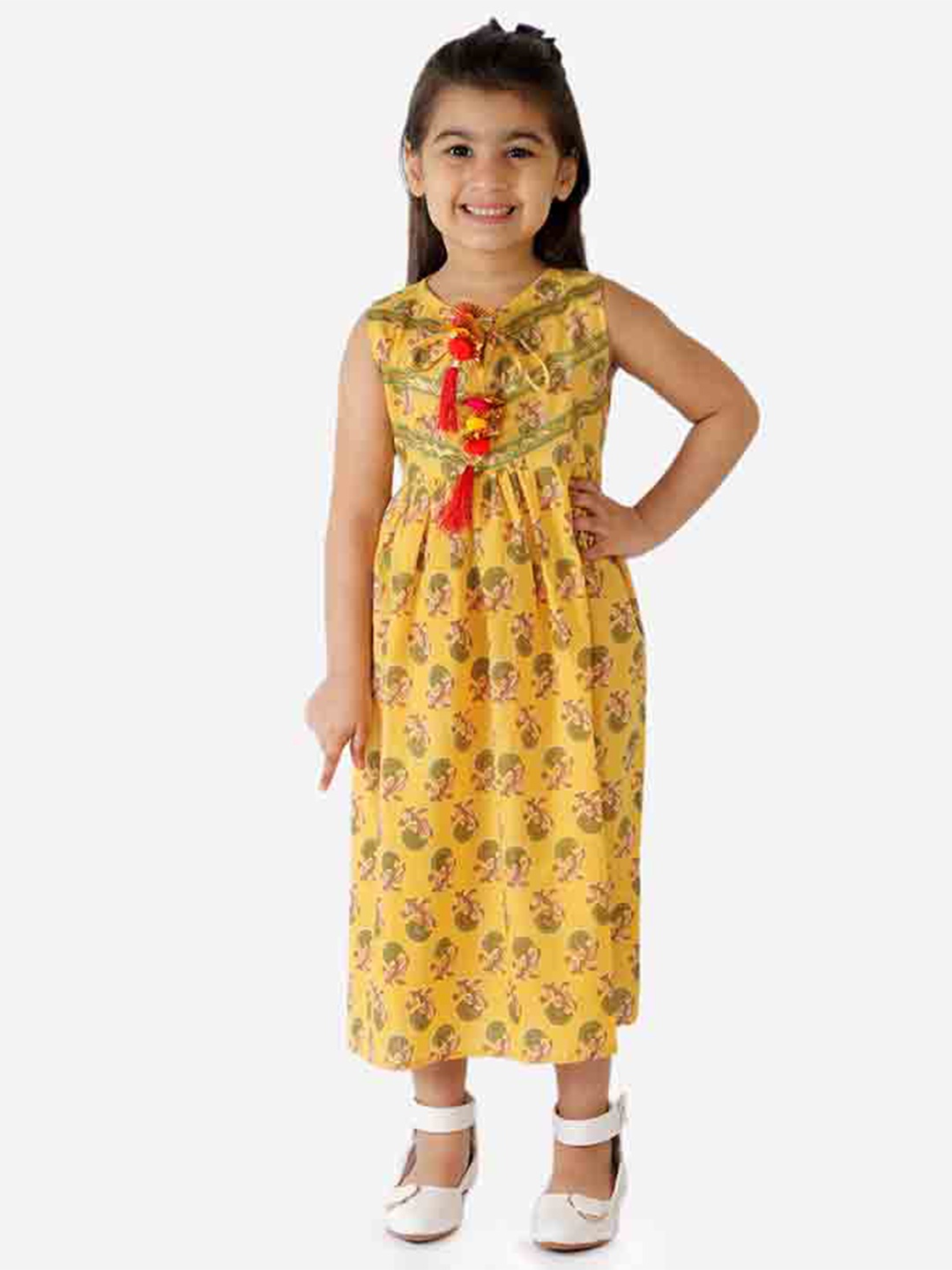 

KID1 Girls Yellow & Brown Floral Block Printed Tassel Midi Fit & Flare Dress