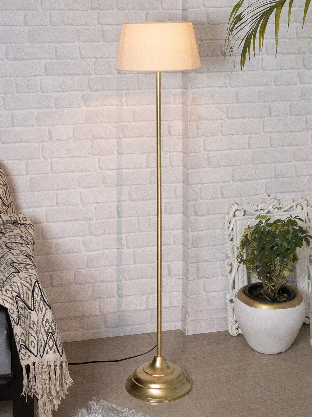 

Homesake Golden Metal Straight Floor Lamp with Khadi Shade, Gold