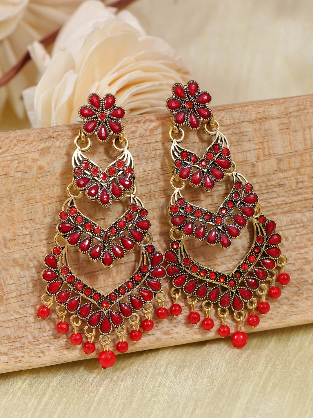 

Crunchy Fashion Red Kundan Studded Drop Earrings