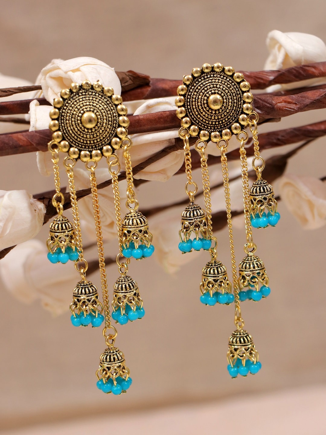 

Crunchy Fashion Blue-Toned & Gold-Plated Contemporary Beaded Jhumka Earrings