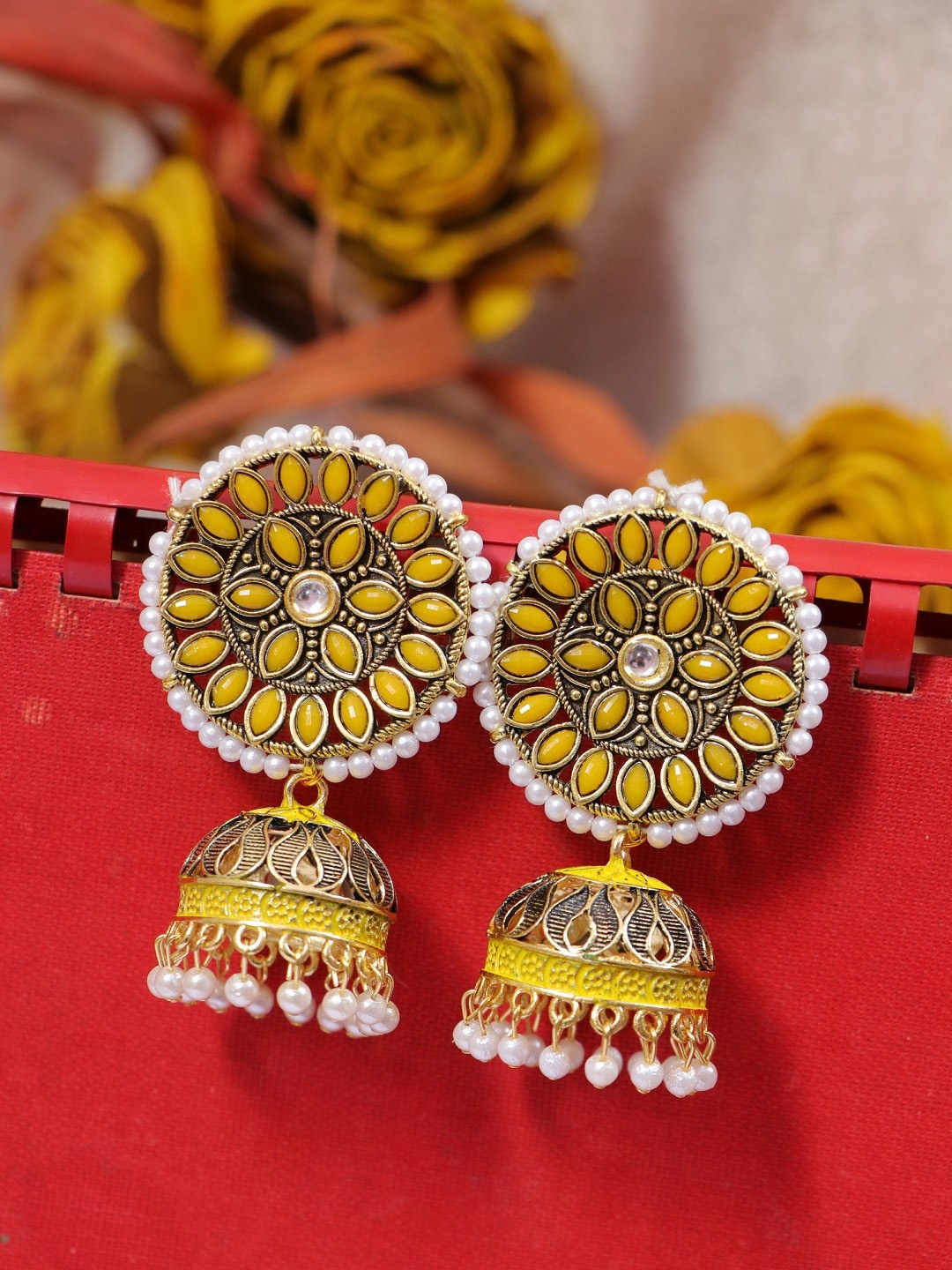 

Crunchy Fashion Yellow Dome Shaped Jhumkas Earrings