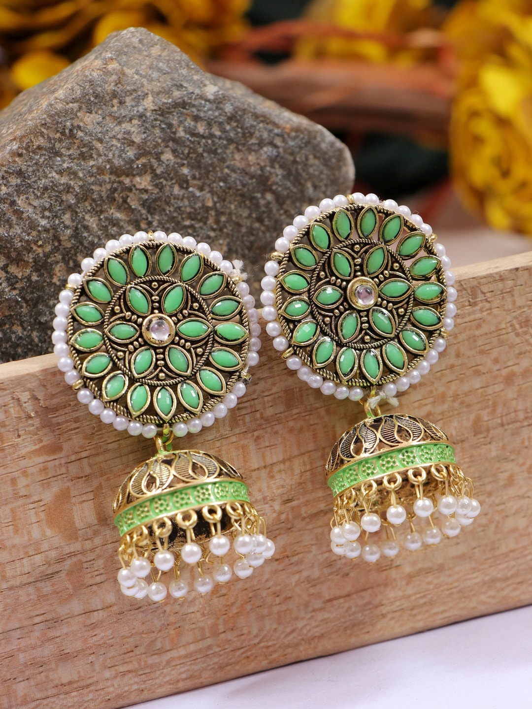

Crunchy Fashion Gold-Plated Green Circular Jhumkas Earrings