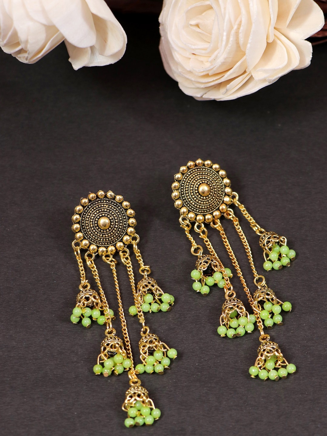 

Crunchy Fashion Green & Gold-Plated Beaded Tasselled Jhumka Earrings