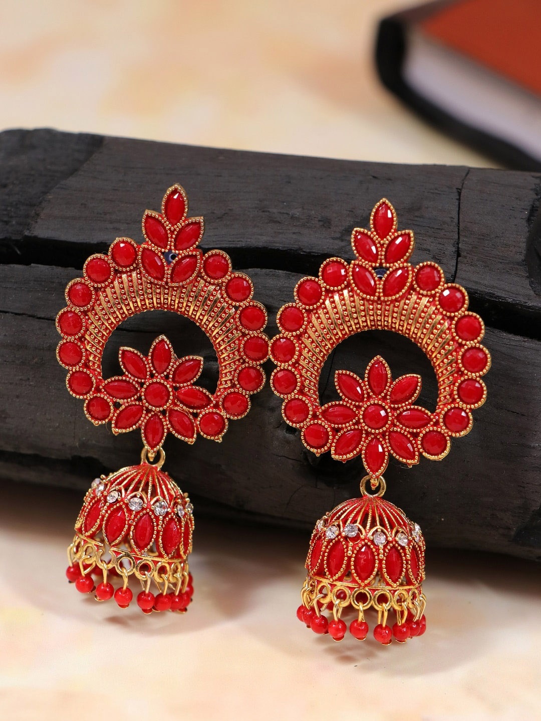 

Crunchy Fashion Red & Gold-Plated Antique Kundan-Studded Jhumkas Earrings