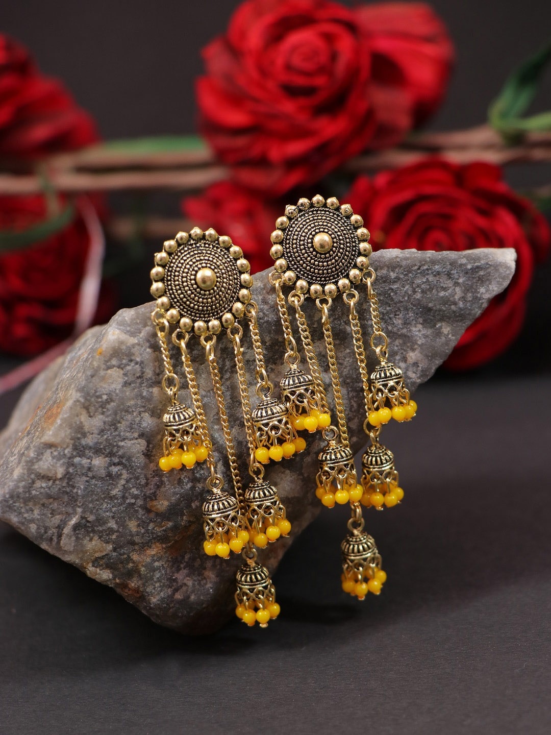 

Crunchy Fashion Women Gold-Toned & Yellow Meenakari Jhumka Earrings