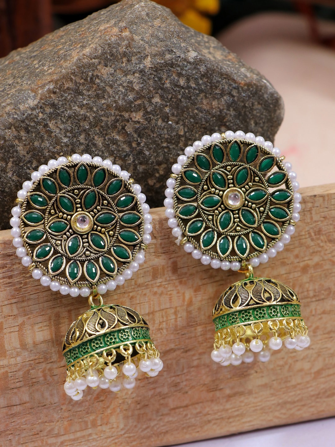 

Crunchy Fashion Gold-Plated Green Kundan Studded & Faux Pearl Jhumka Earrings