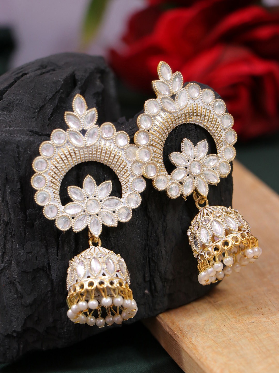 

Crunchy Fashion White Floral Jhumkas Earrings