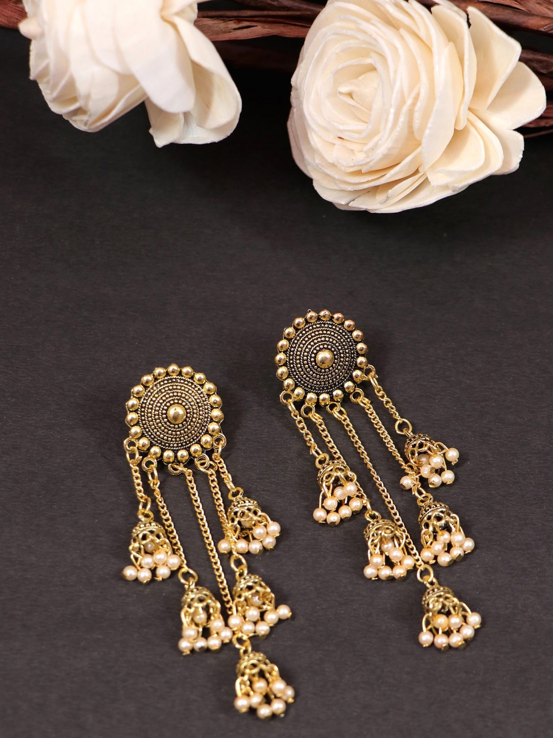 

Crunchy Fashion White & Gold-Plated Tasselled Beaded Drop Earrings