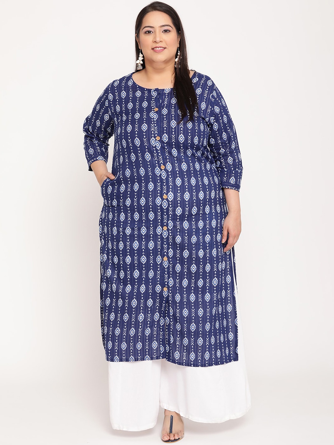 

Sringam Women Plus Size Blue Ethnic Motifs PRinted Kurta