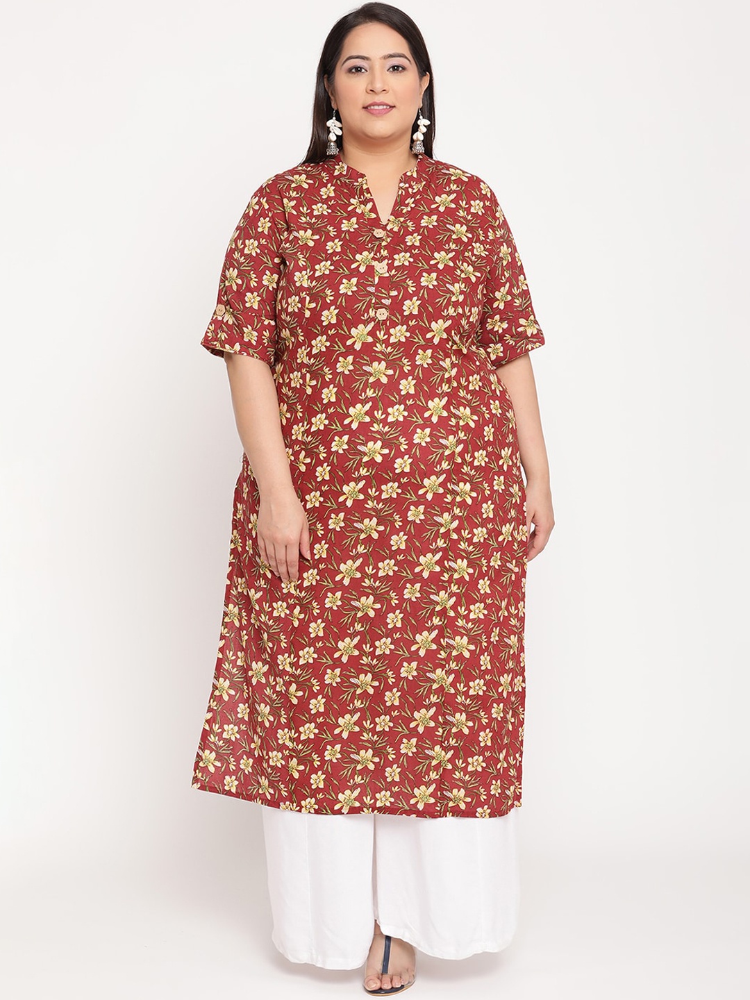 

Sringam Women Maroon Geometric Embellished Flared Sleeves Kurta