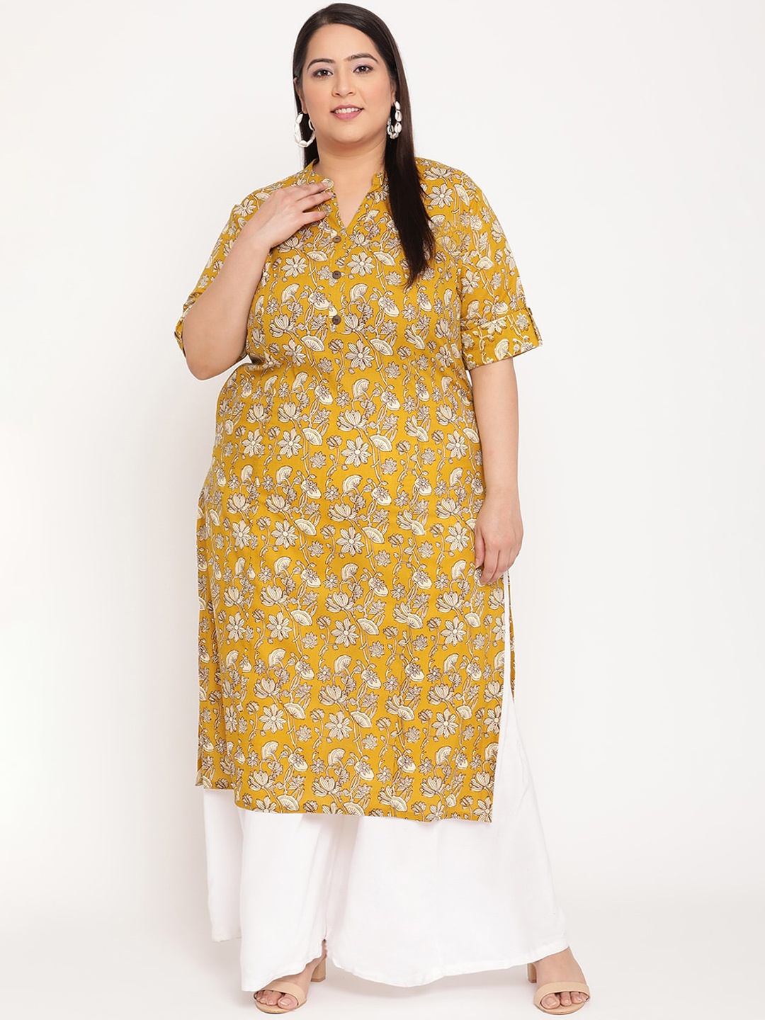 

Sringam Plus Size Women Mustard Yellow Floral Printed Kurta