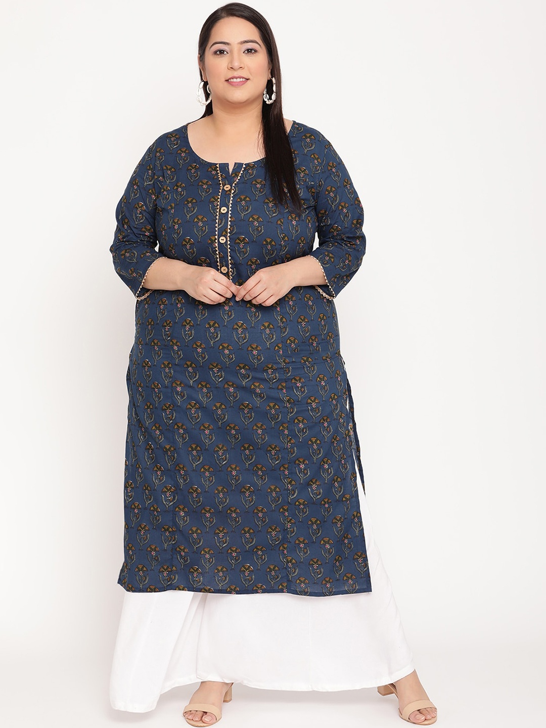 

Sringam Women Navy Blue Floral Printed Flared Sleeves Thread Work Kurta