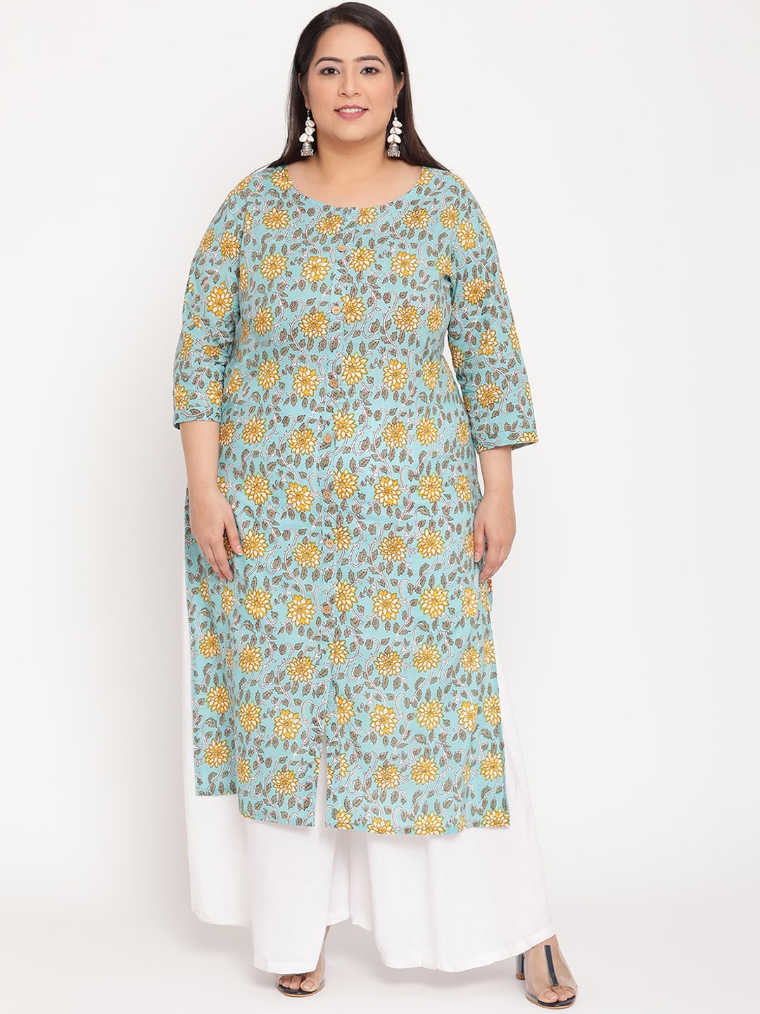 

Sringam Women Plus Size Green Geometric Printed Straight Kurta