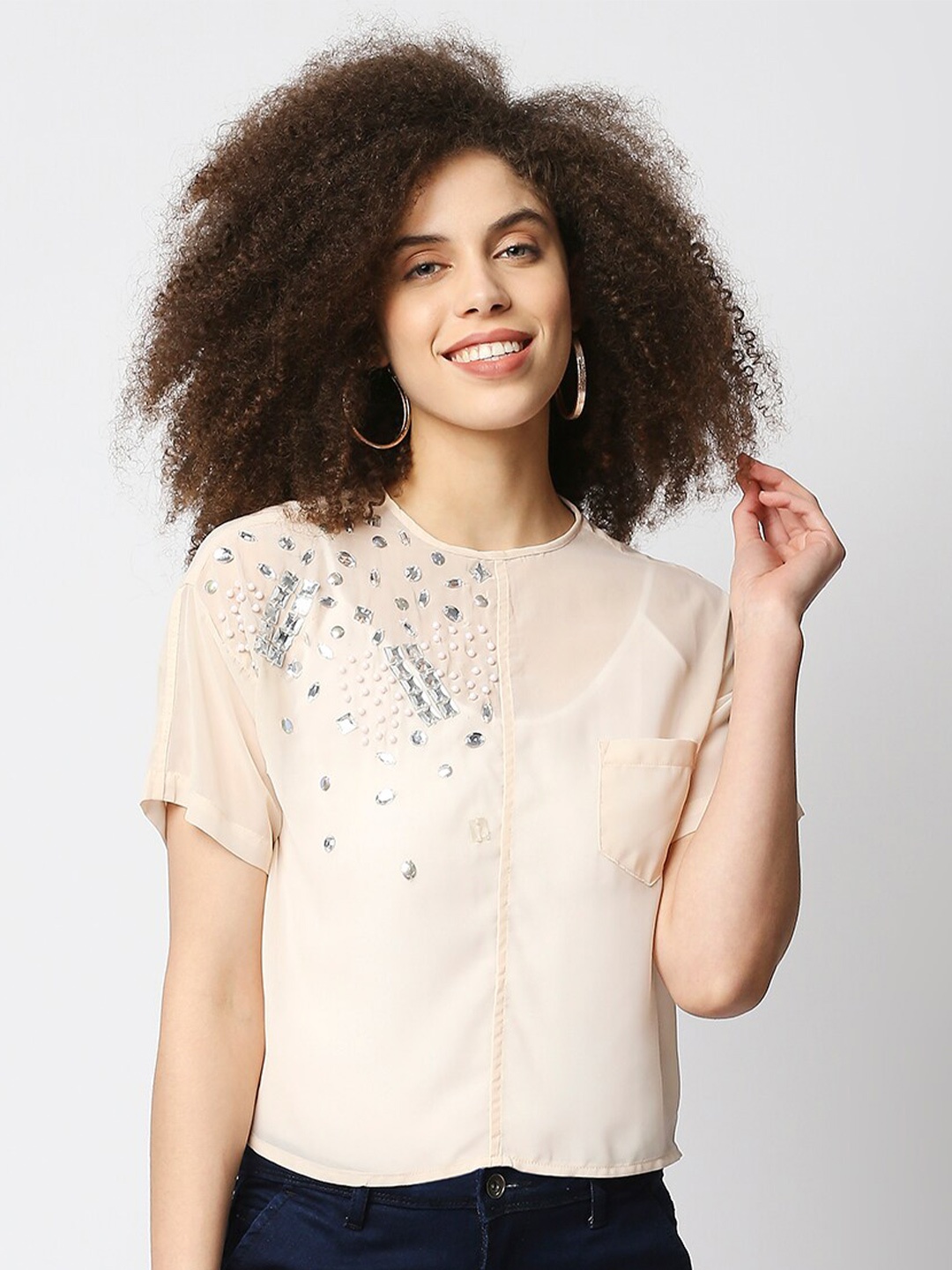 

aaliya Peach-Coloured Embellished Georgette Shirt Style Top