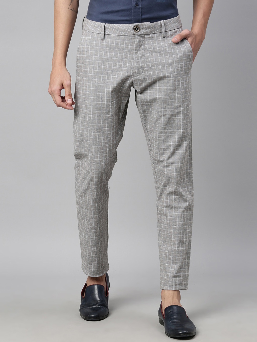 

RARE RABBIT Men Beige Checked Tailored Slim Fit Trousers