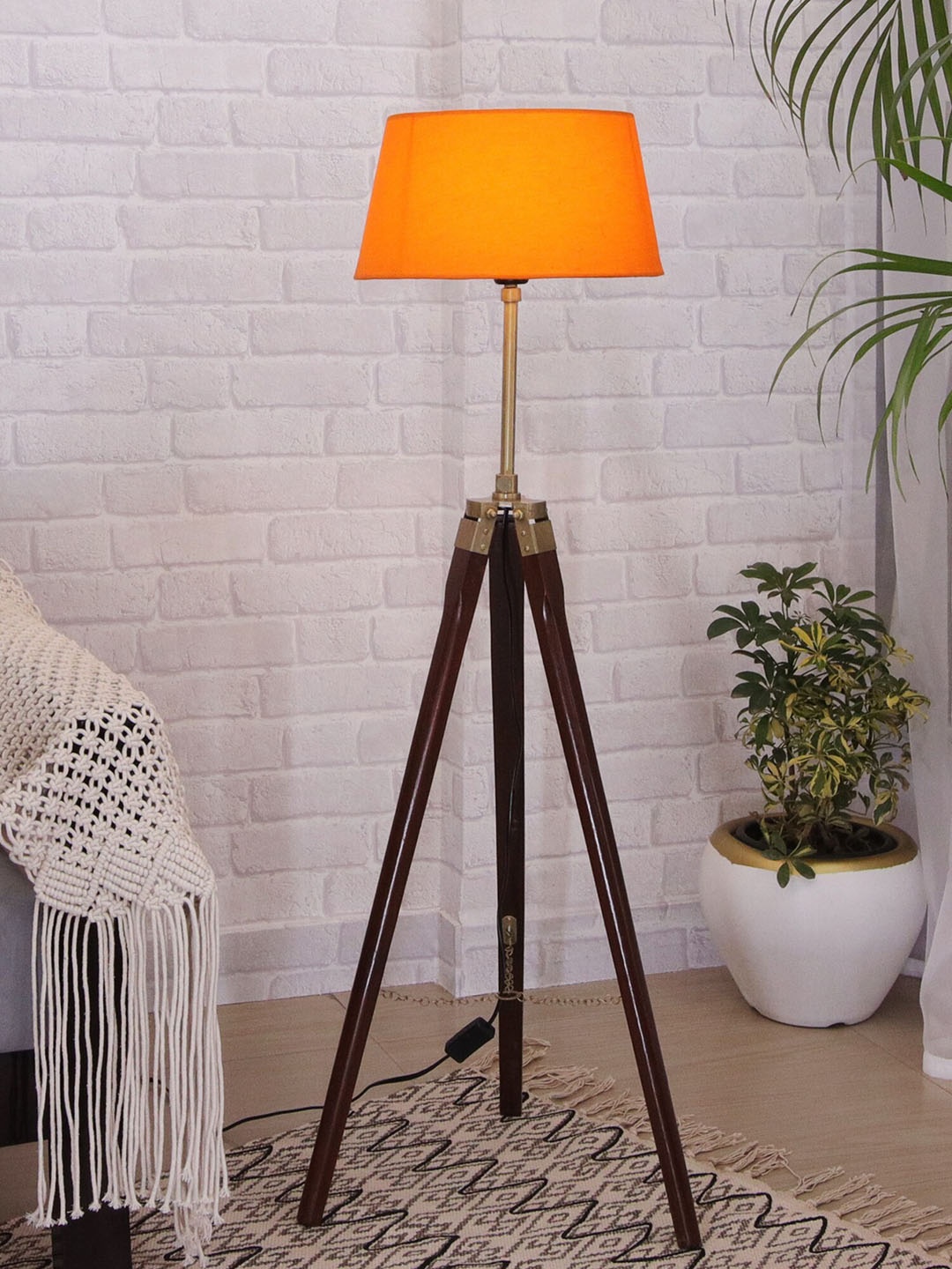 

Homesake Orange & Brown Wooden Tripod Floor Lamp Brass Finish with Shade