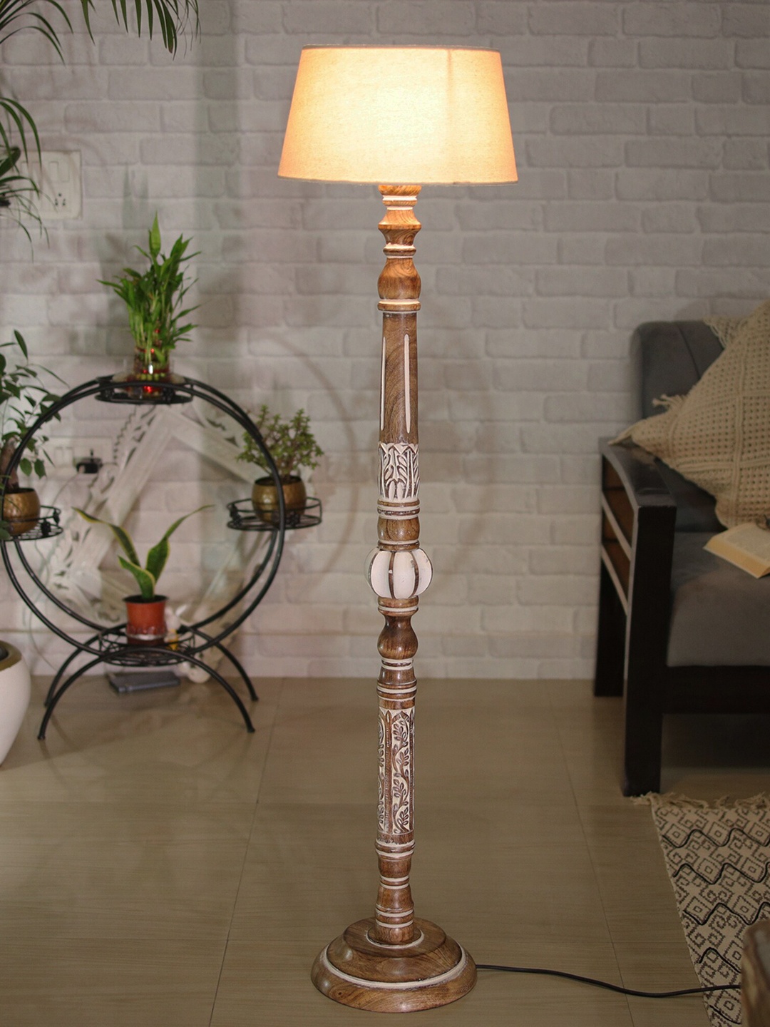

Homesake Antique White Carving Floor Lamp for Living Room With Khadi Fabric Shade