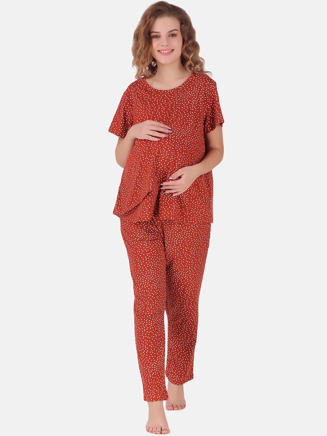 

Masha Women Rust & White Printed Maternity Pure Cotton Night suit
