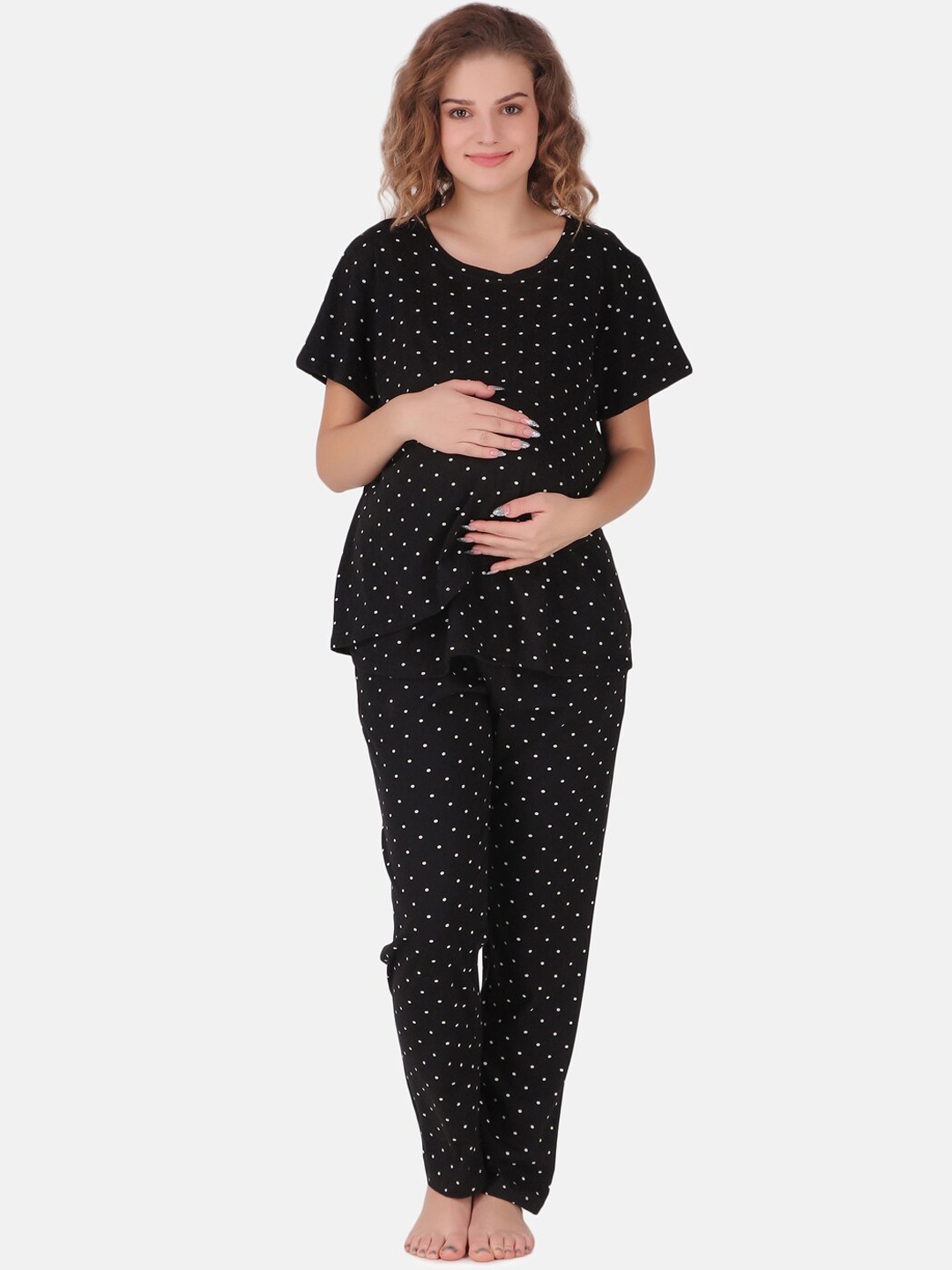 

Masha Women Black Polka Dots Pure Cotton Maternity Night Suit