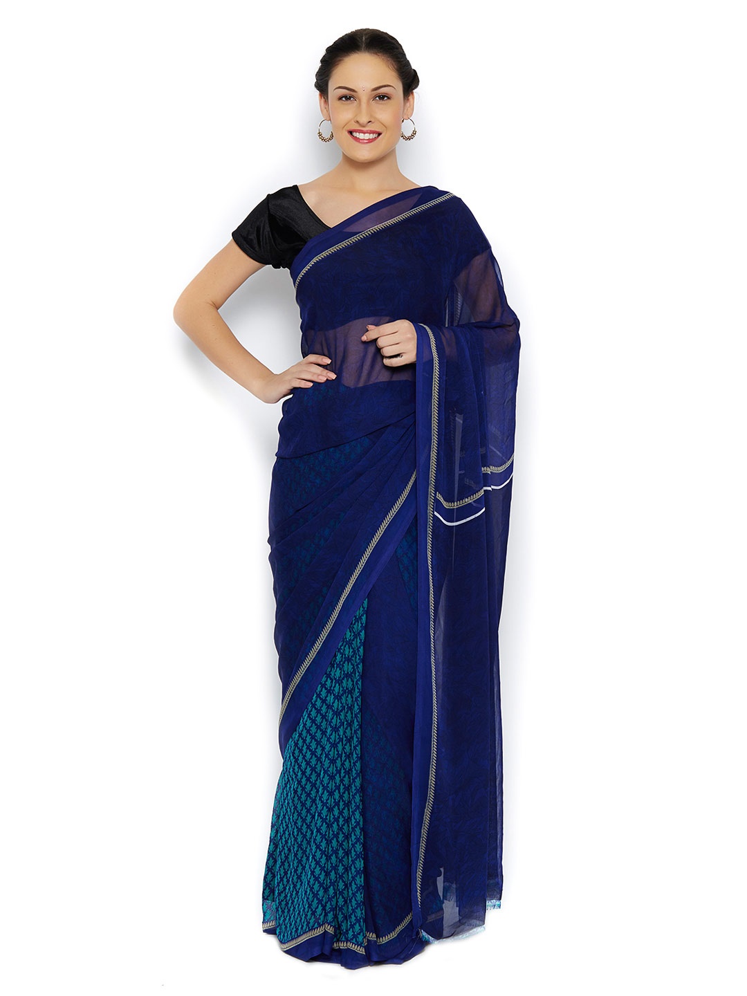 

Ishin Blue Half-and-Half Printed Saree