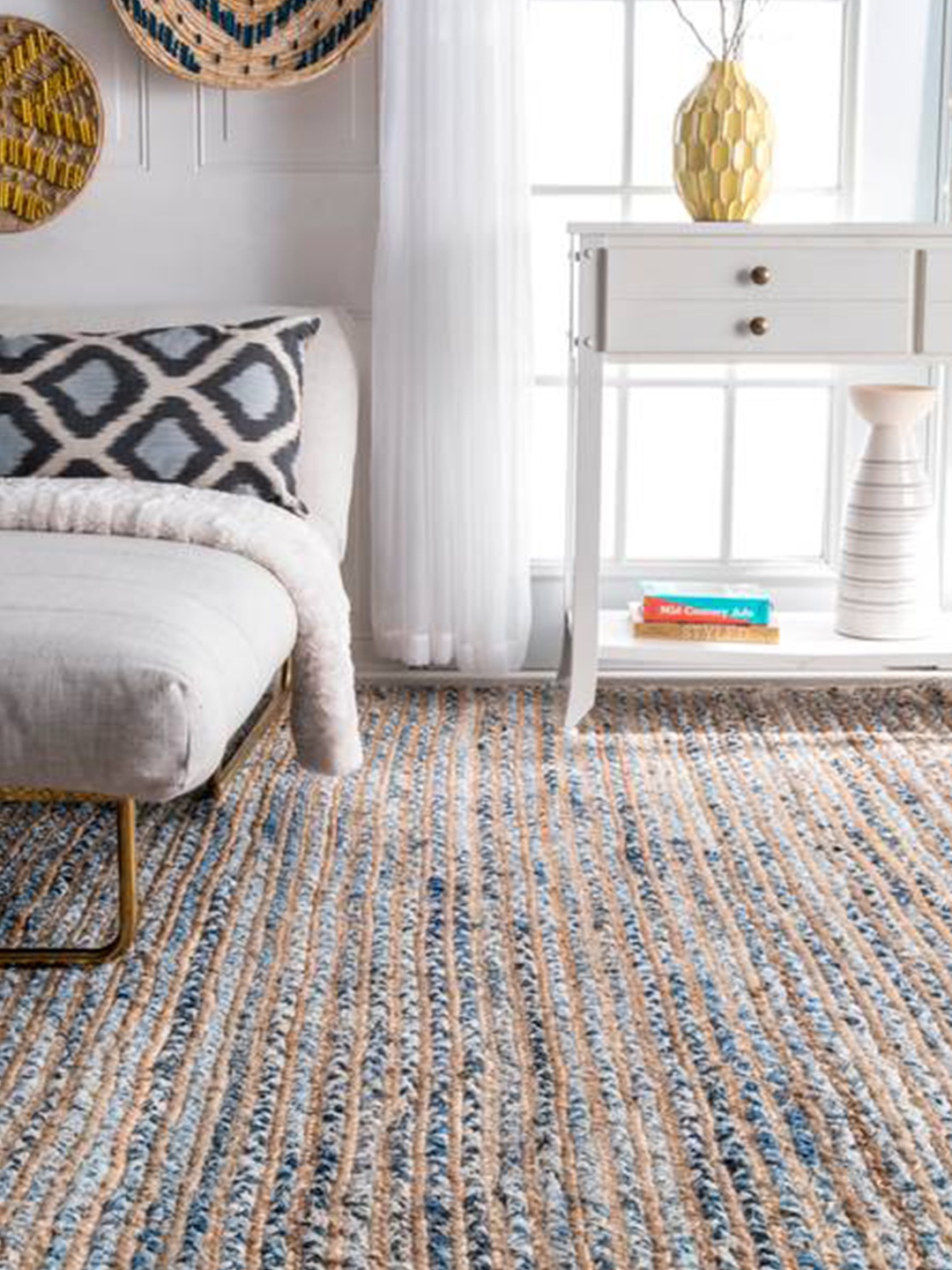 

HABERE INDIA Blue & Beige Woven-Design Carpet