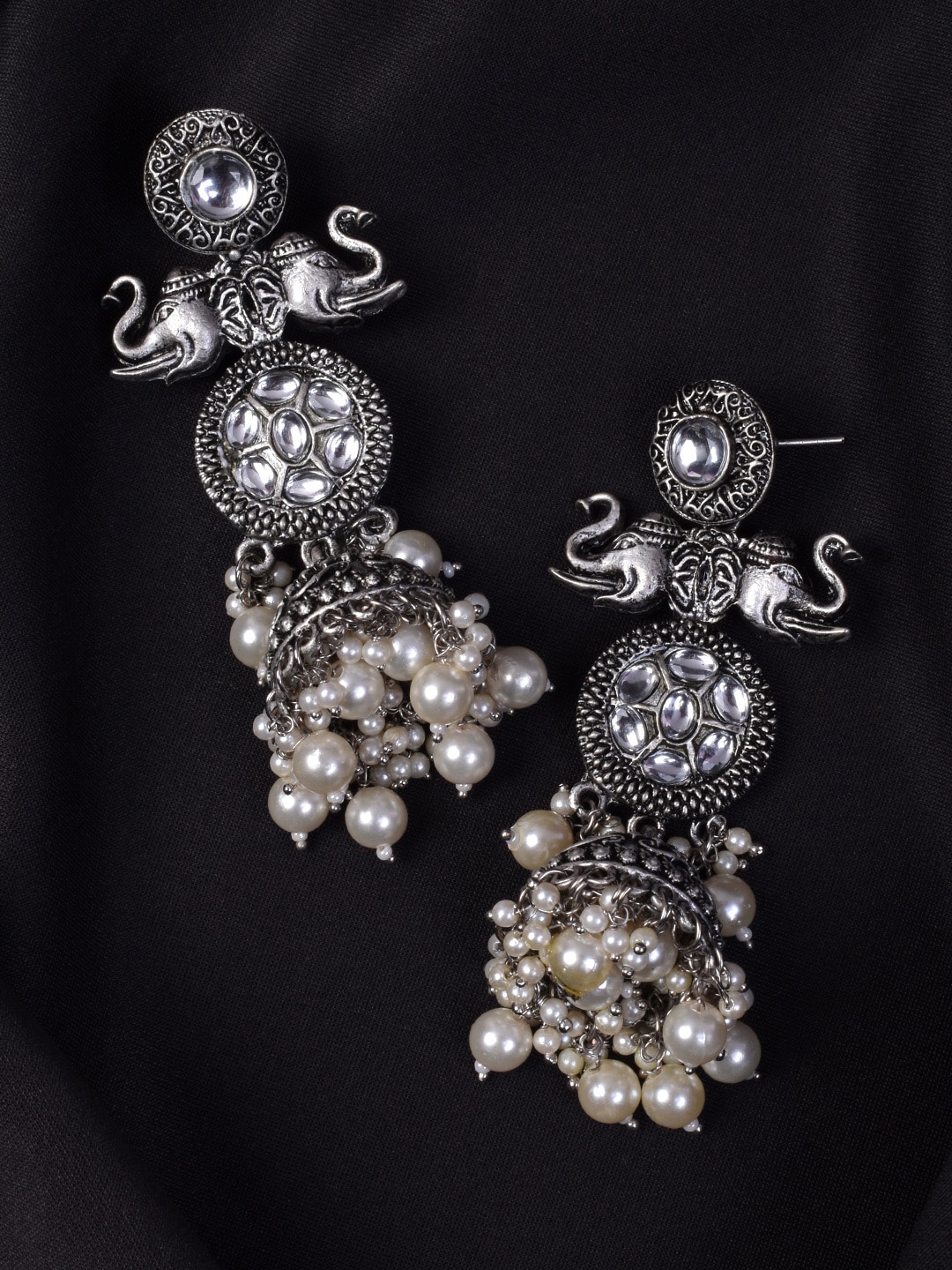 

STEORRA JEWELS Silver-Plated Kundan Studded & Beaded Contemporary Jhumkas Earrings