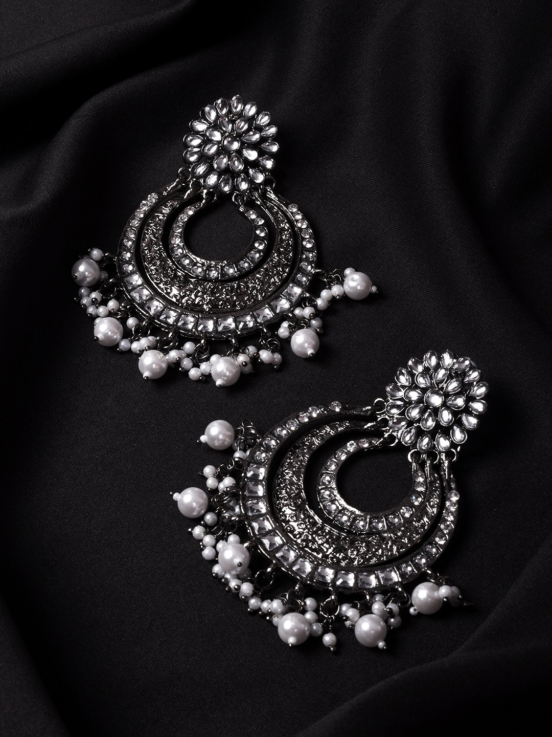 

STEORRA JEWELS Oxidised Silver-Plated White American Diamond & Kundan Chandbalis Earrings