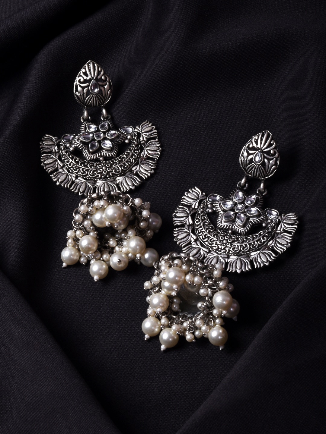 

STEORRA JEWELS Silver-Plated Contemporary Oxidised Chandbali Earrings