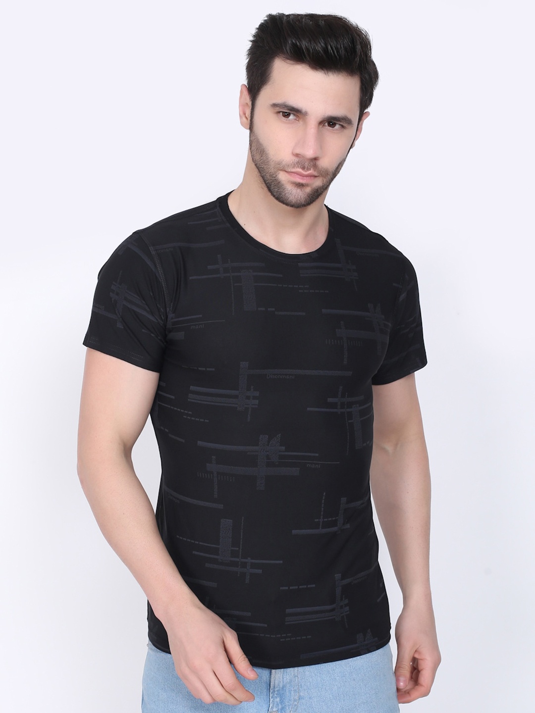 

Camey Men Black Printed Round Neck Dry Fit T-shirt