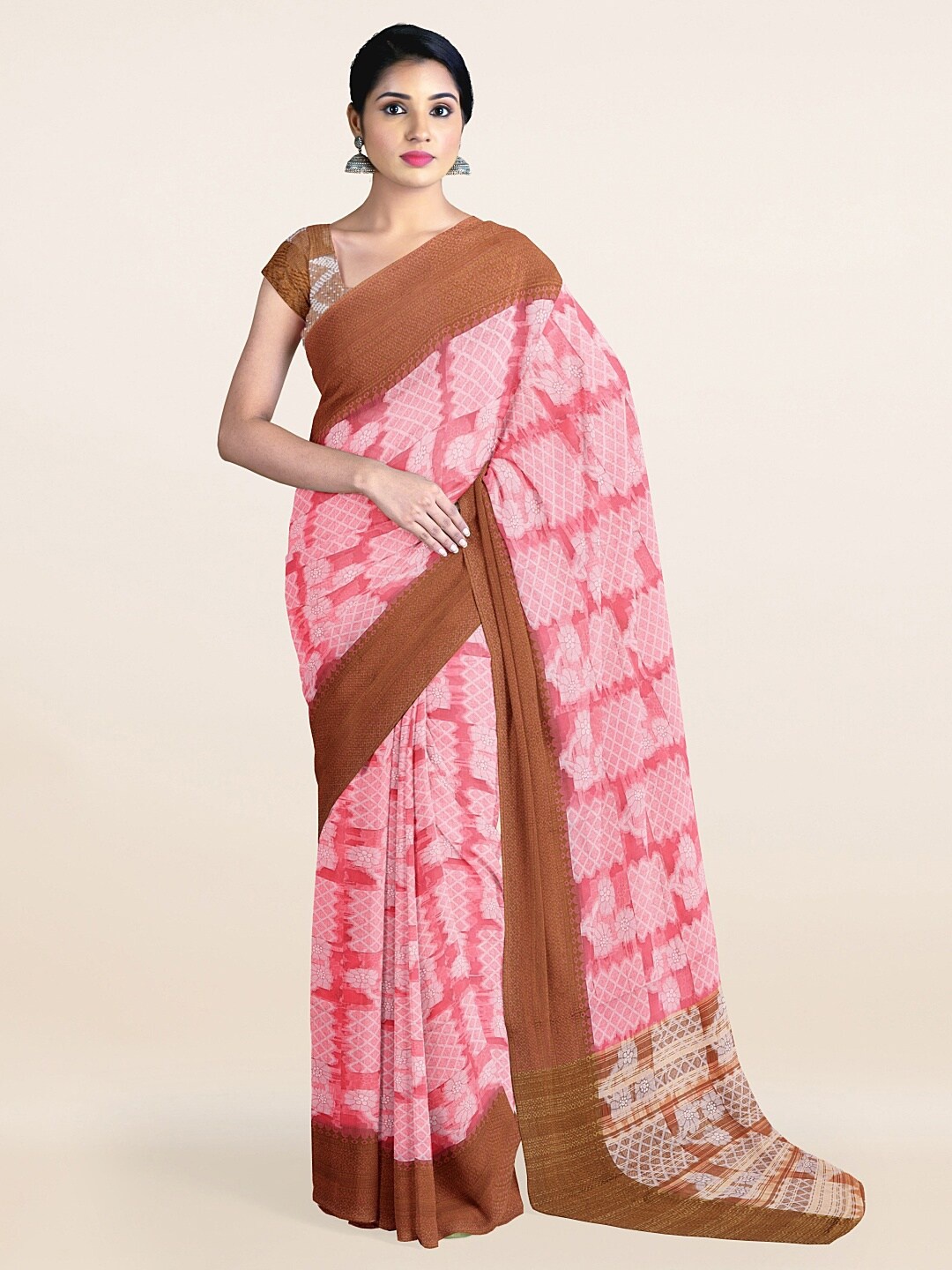 

Pothys Pink & Brown Floral Zari Saree