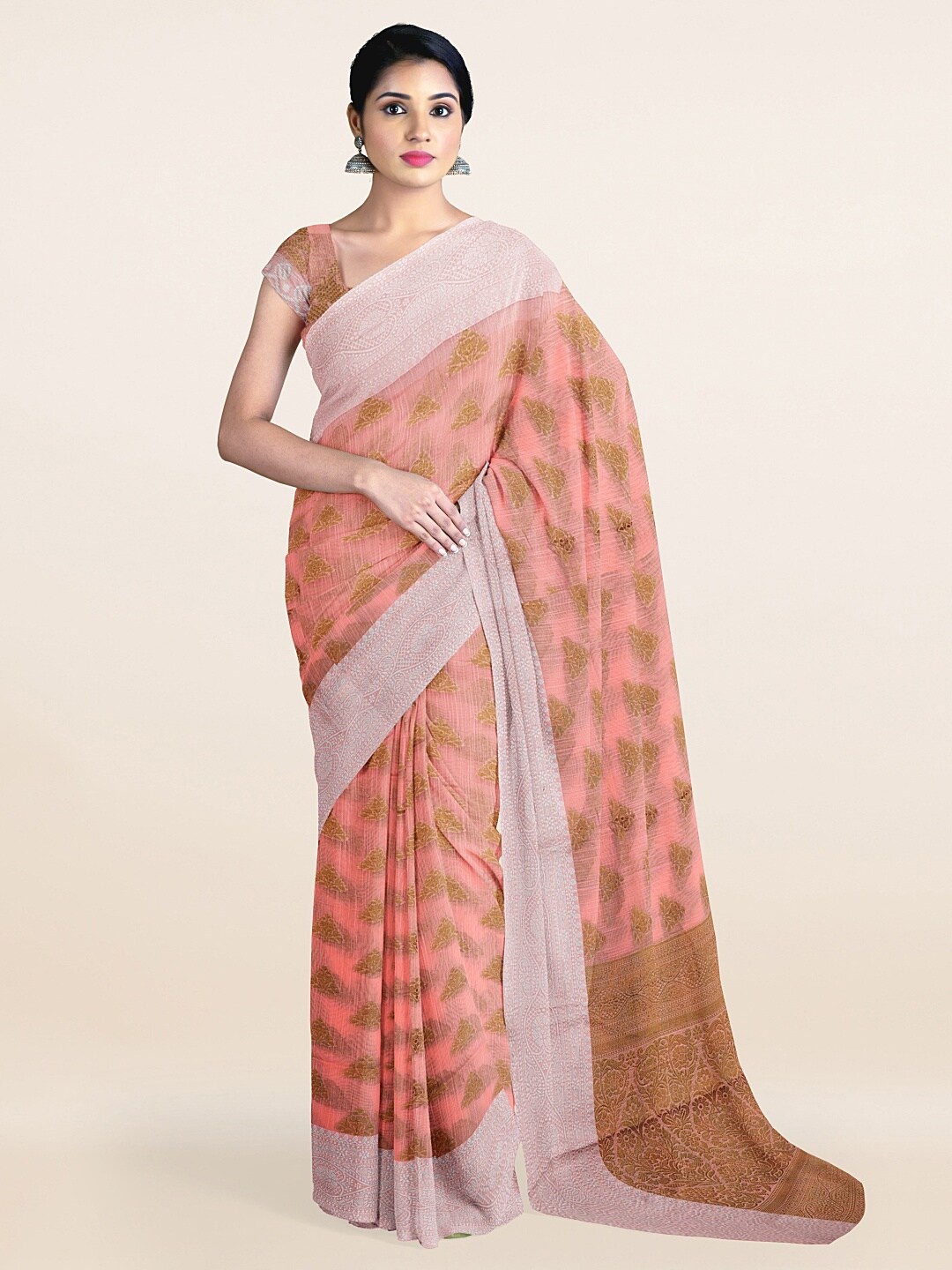 

Pothys Pink & Gold-Toned Floral Zari Pure Cotton Saree