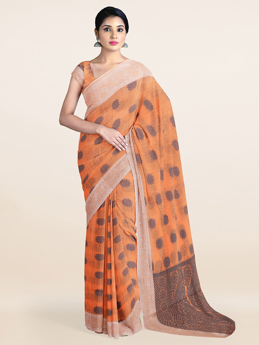 

Pothys Peach-Coloured & Purple Woven Design Zari Pure Cotton Saree