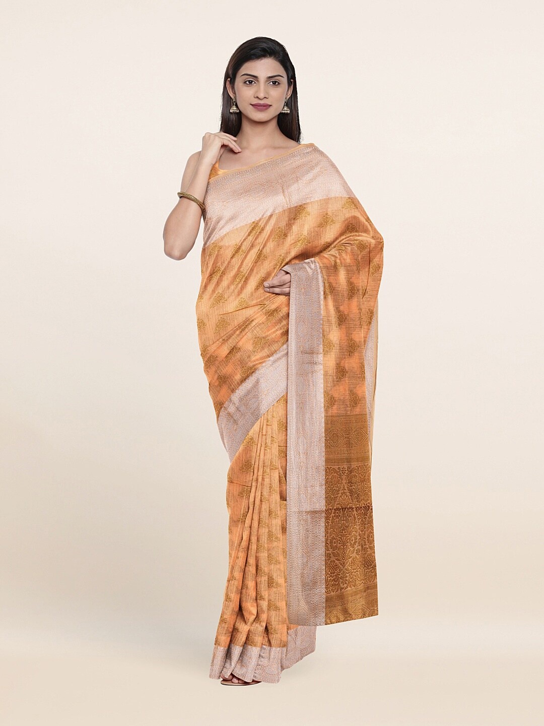 

Pothys Peach-Coloured & Silver-Toned Ethnic Motifs Pure Cotton Saree