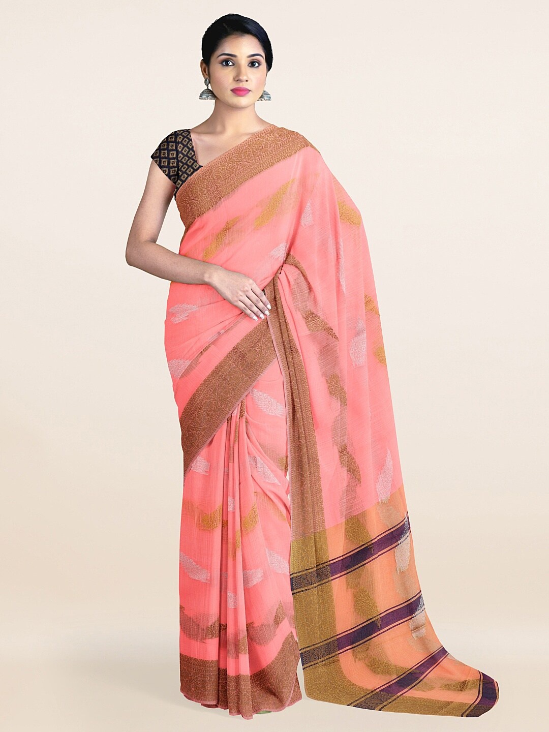 

Pothys Pink & Silver-Toned Ethnic Motifs Zari Pure Cotton Saree