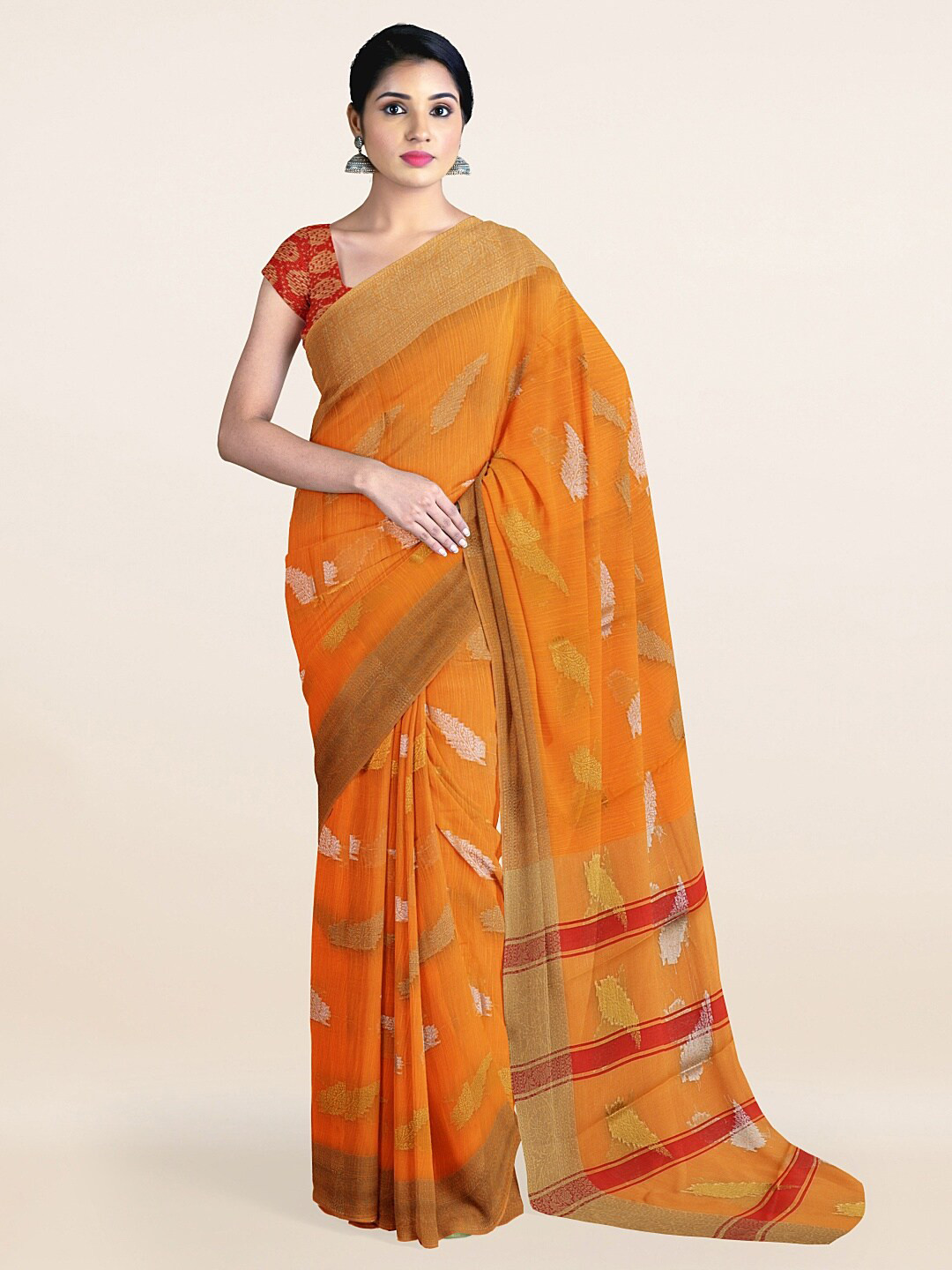 

Pothys Orange & Silver-Toned Ethnic Motifs Zari Pure Cotton Saree