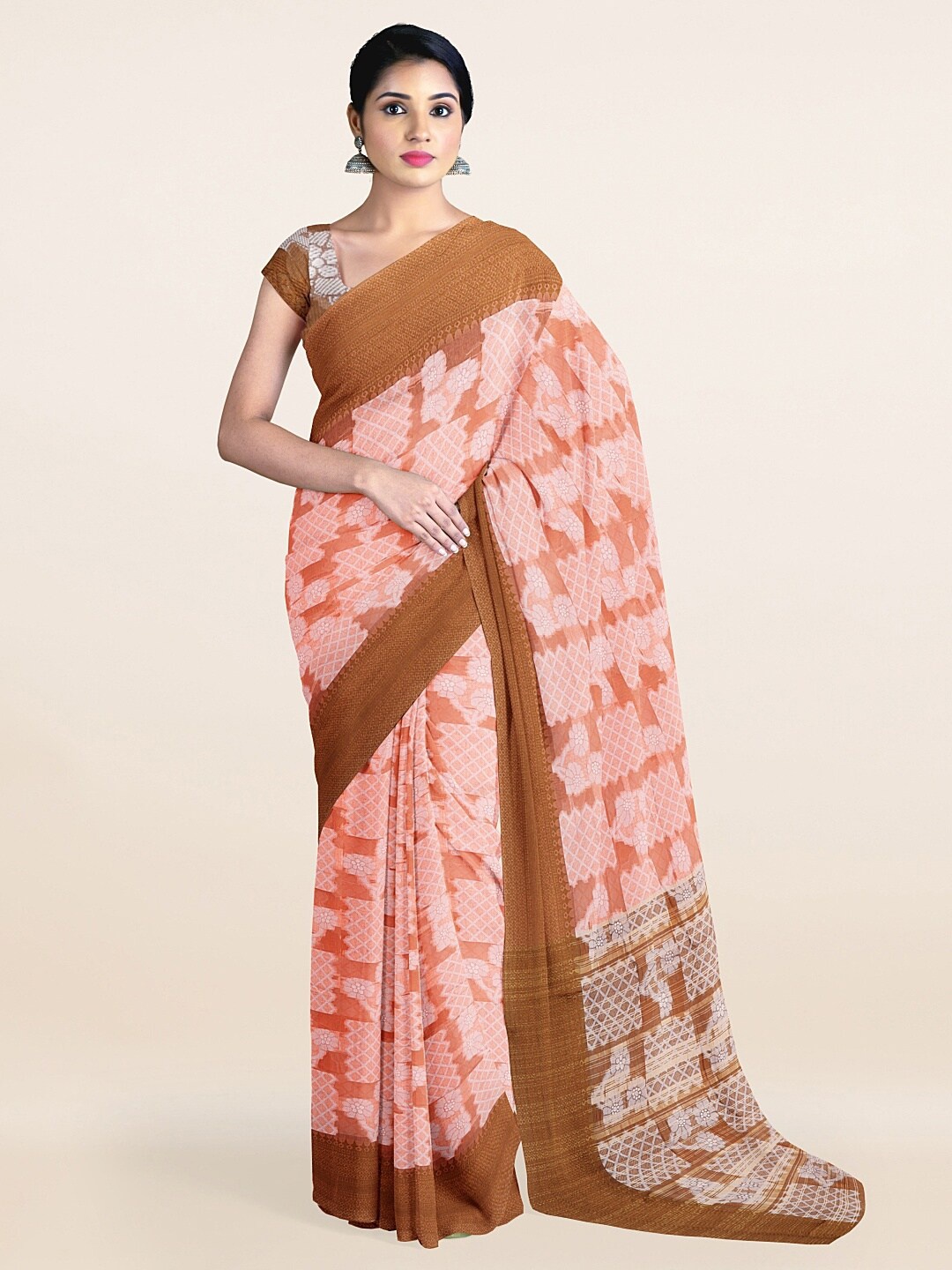 

Pothys Peach-Coloured & Brown Floral Saree