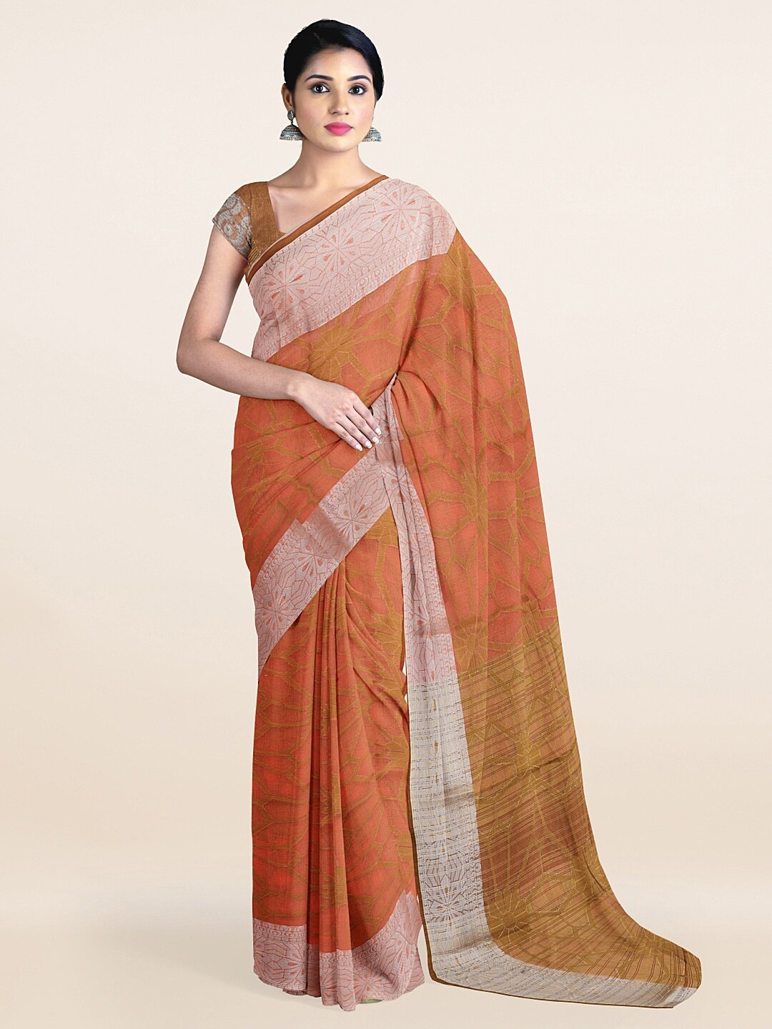 

Pothys Peach-Coloured & Silver-Toned Ethnic Motifs Zari Saree