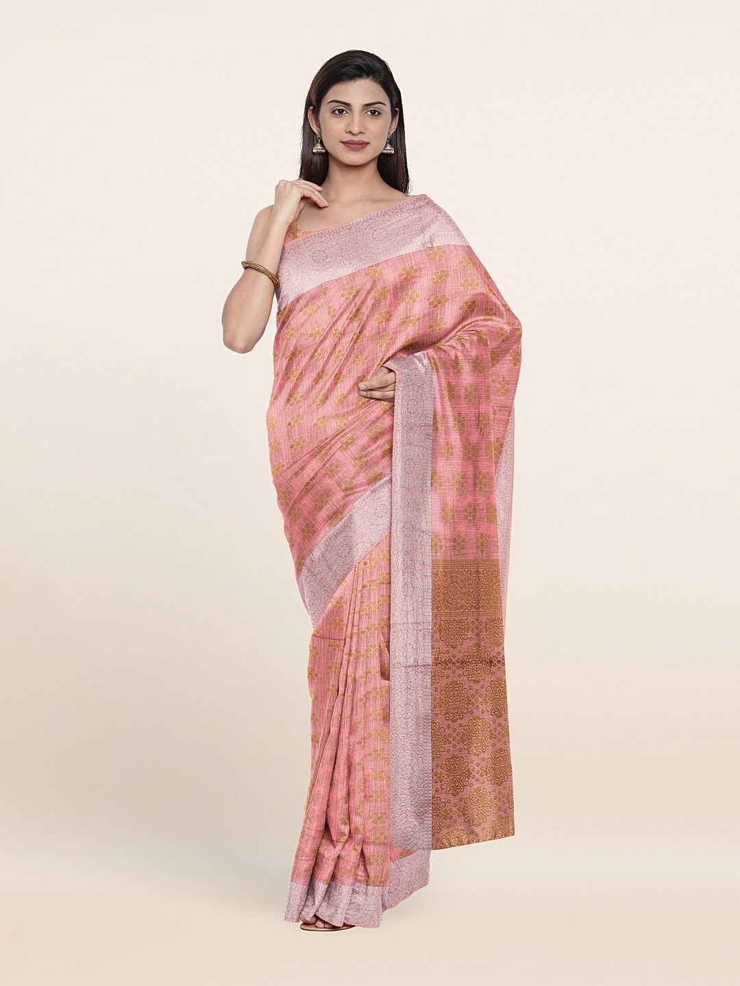 

Pothys Pink & Silver-Toned Floral Zari Pure Cotton Saree