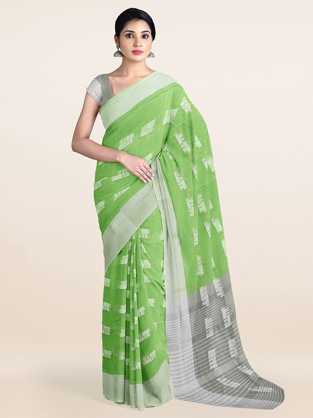 

Pothys Green & Silver-Toned Woven Design Zari Saree