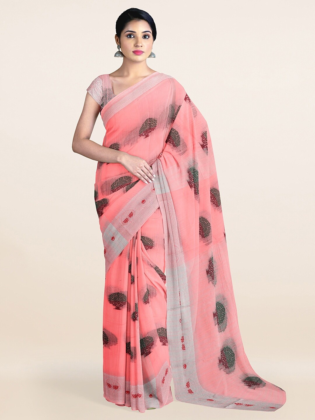 

Pothys Pink & Silver-Toned Ethnic Motifs Zari Pure Cotton Saree
