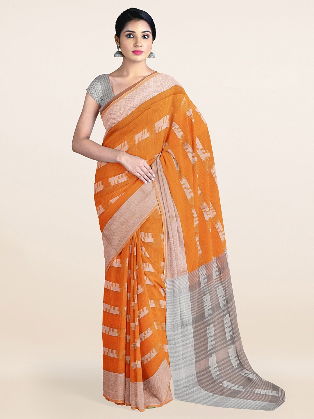 

Pothys Orange & Grey Woven Design Zari Saree