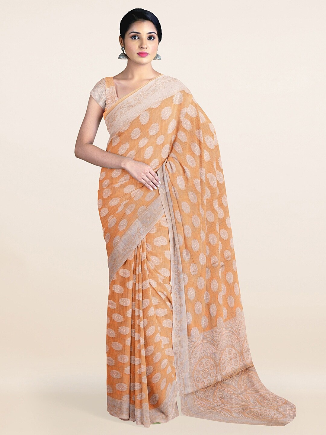 

Pothys Peach-Coloured & Silver-Toned Ethnic Motifs Zari Pure Cotton Saree