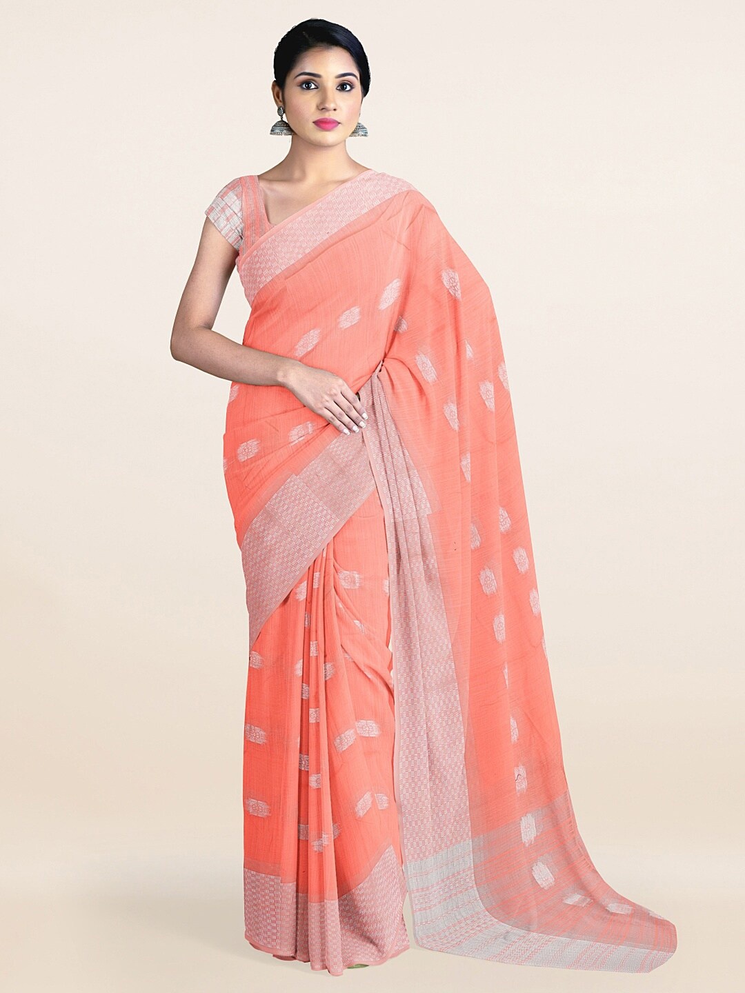 

Pothys Peach-Coloured & Silver-Toned Woven Design Zari Saree