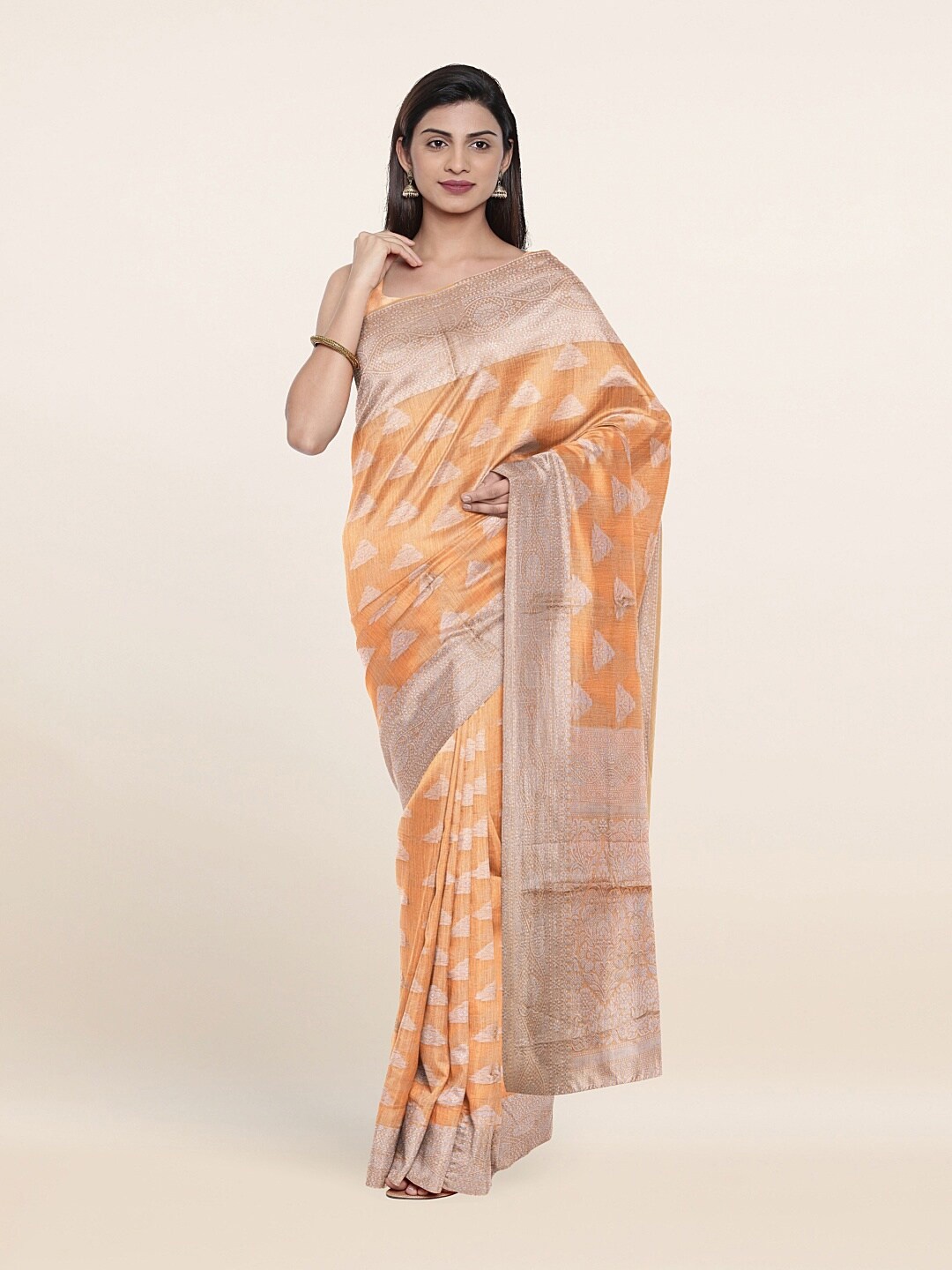 

Pothys Peach-Coloured & Silver-Toned Ethnic Motifs Zari Pure Cotton Saree