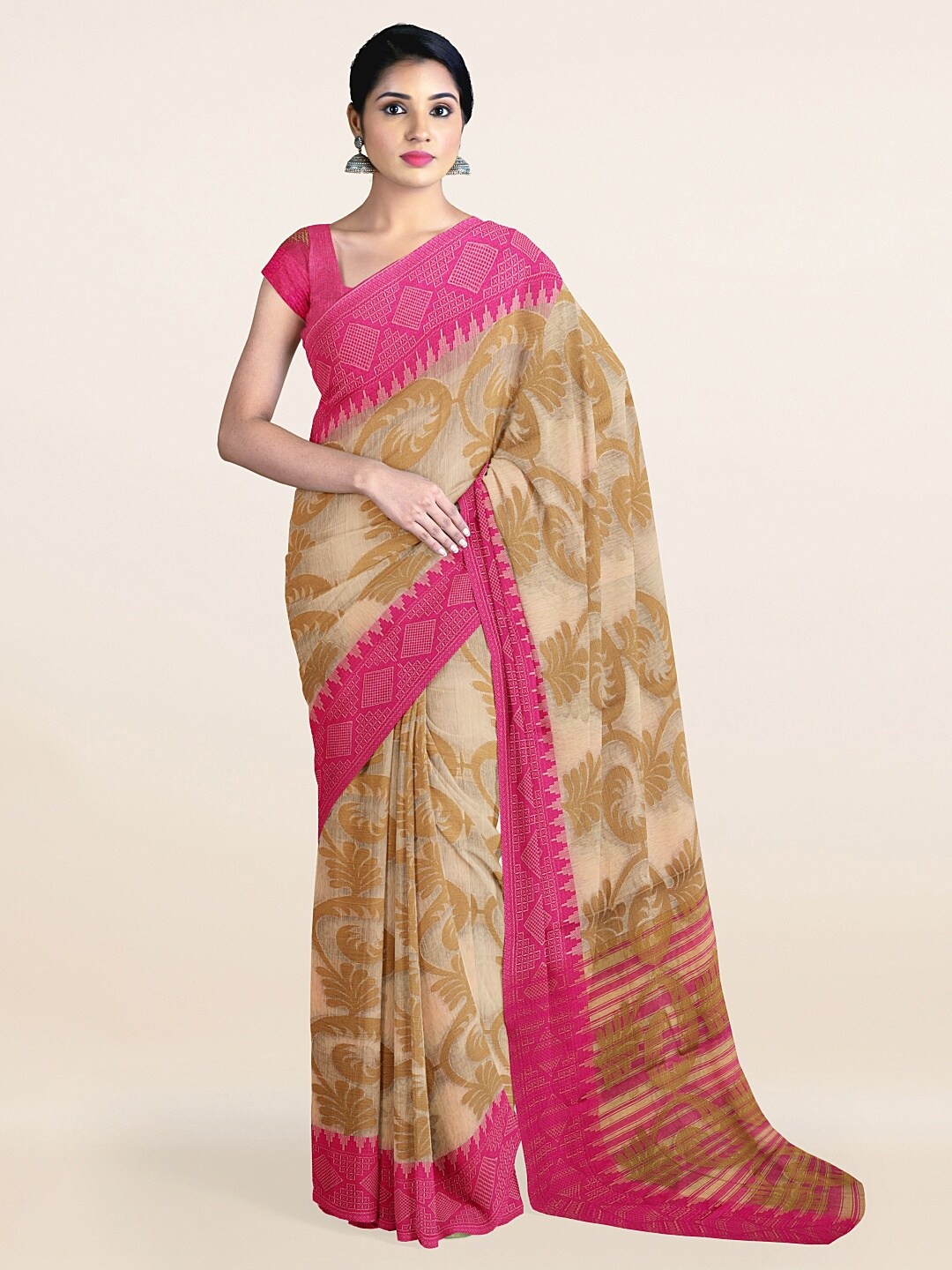 

Pothys Cream-Coloured & Magenta Woven Design Zari Saree